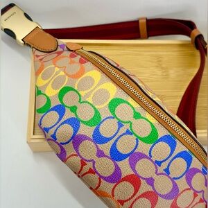 COACH Signature Logo Leather Pride Fanny Pack; Tan Brown Rainbow Multi-Color Bag